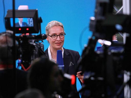 Die AfD-Co-Vorsitzende Alice Weidel steht vor zwei Kameras und spricht in ein Mikrofon während eines Interviews.