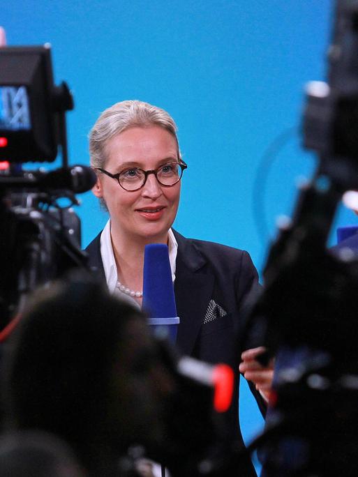 Die AfD-Co-Vorsitzende Alice Weidel steht vor zwei Kameras und spricht in ein Mikrofon während eines Interviews.