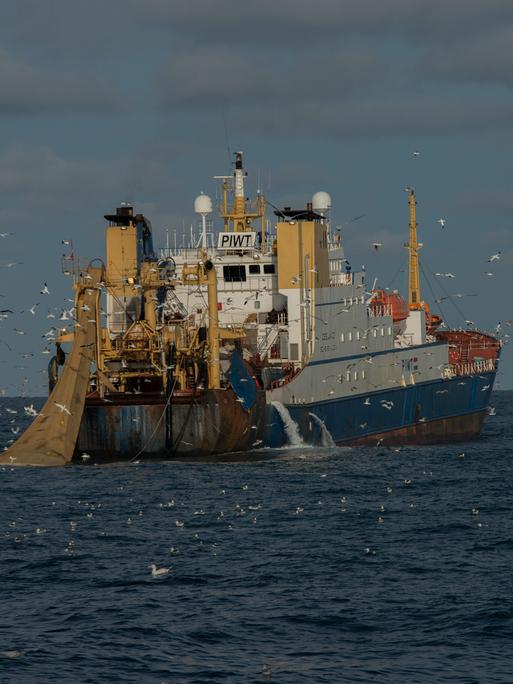 Ein Schiff der Europäischen Fischereifangflotte bei der Grundschleppnetzfischerei im Englischen Kanal.