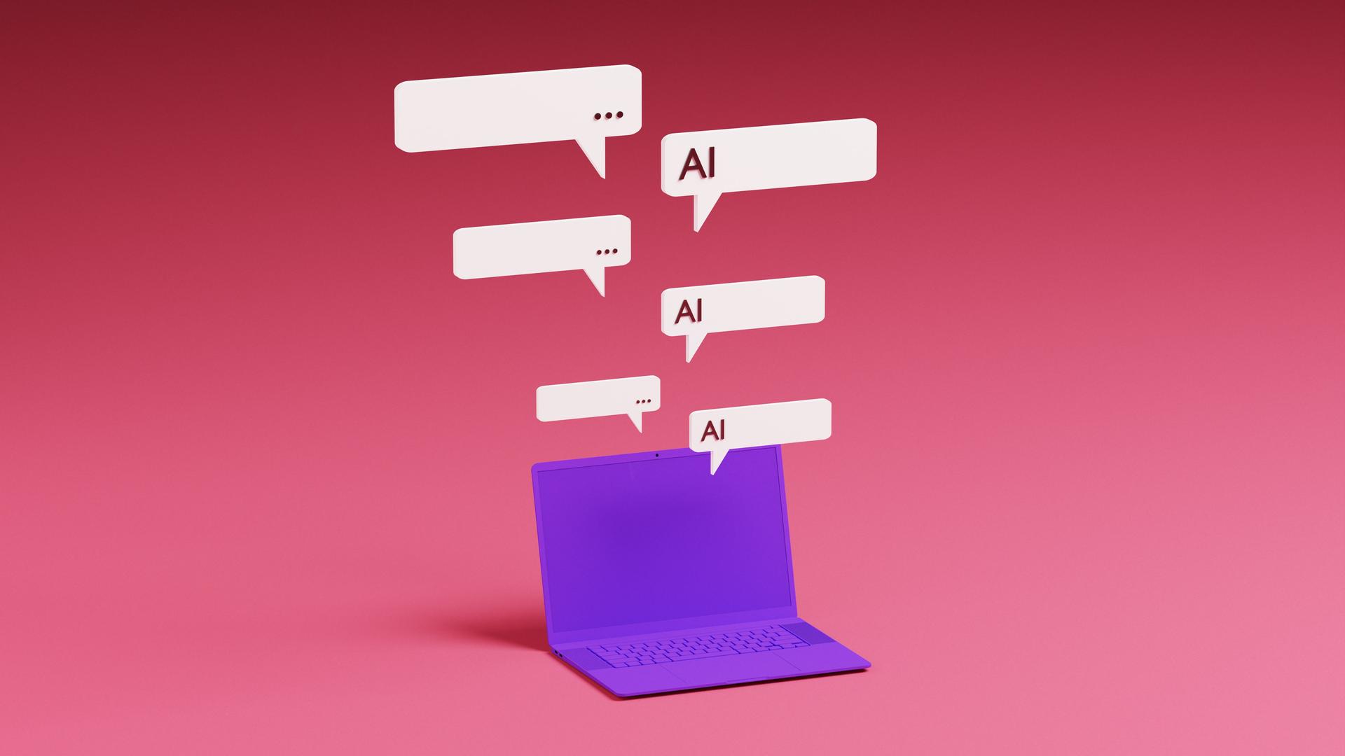 Ein violetter Laptop mit darüber schwebenden Sprechblasen eines KI-Chatbot-Assistenten. Ein violetter Laptop mit darüber schwebenden Sprechblasen eines KI-Chatbot-Assistenten.