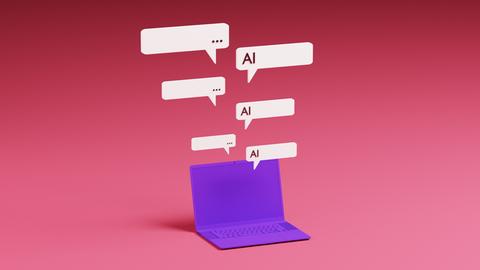 Ein violetter Laptop mit darüber schwebenden Sprechblasen eines KI-Chatbot-Assistenten.