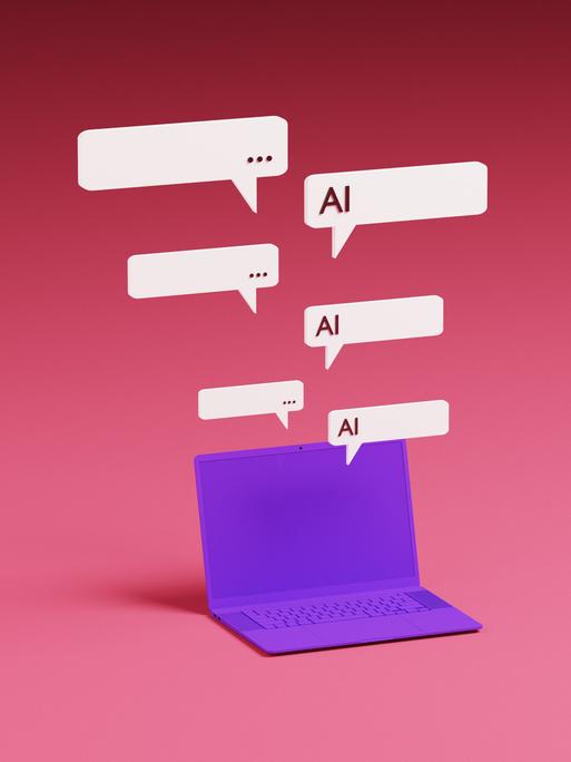 Ein violetter Laptop mit darüber schwebenden Sprechblasen eines KI-Chatbot-Assistenten.