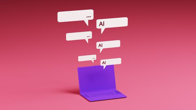Ein violetter Laptop mit darüber schwebenden Sprechblasen eines KI-Chatbot-Assistenten.