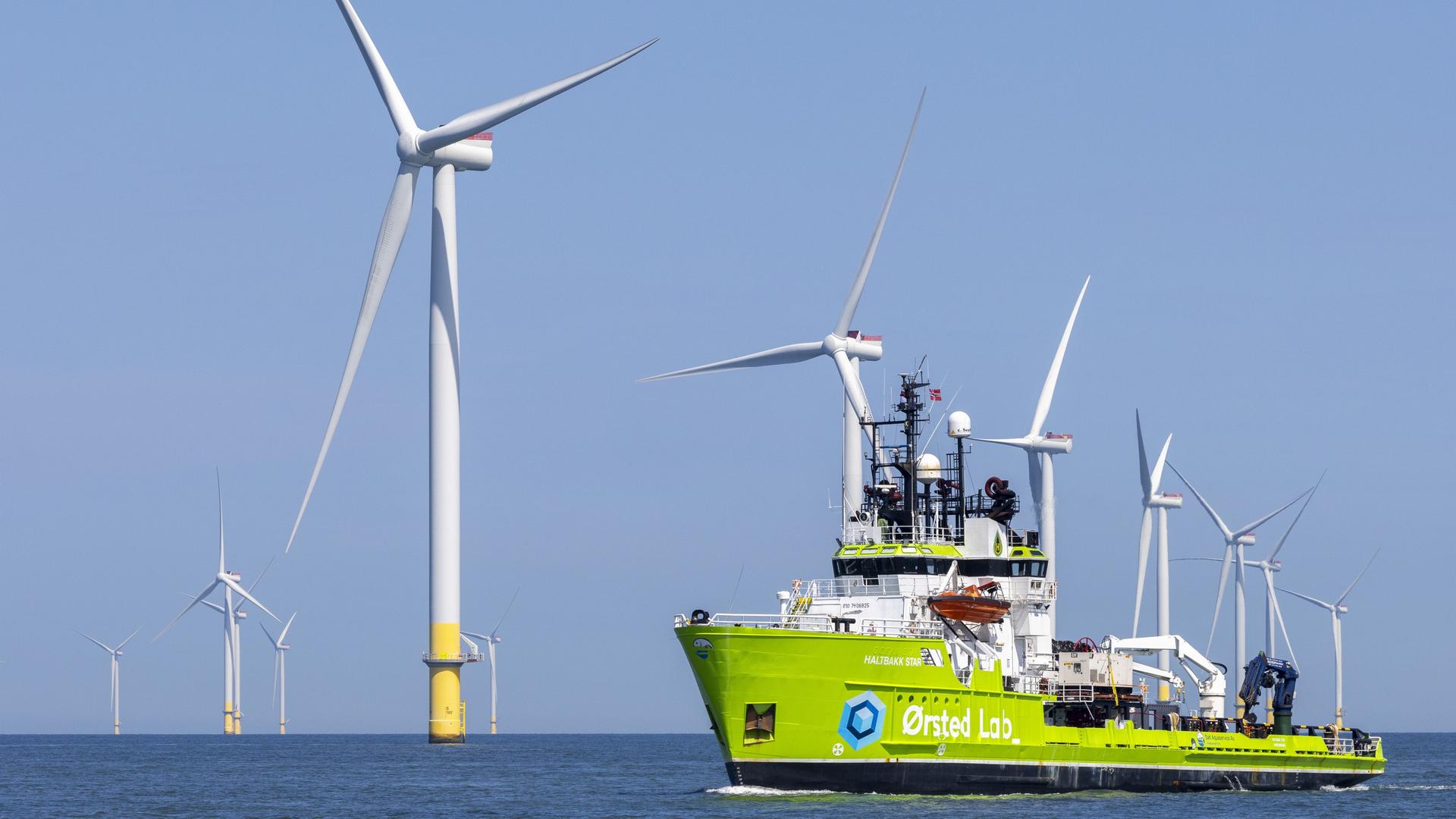 Ein grünes Schiff mit der Aufschrift des Unternehmens vor mehreren Windrädern im Meer. Der Himmel darüber ist blau.