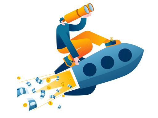 Illustration: Ein Mann fliegt auf einer Start-up-Rakete, aus der Geld regnet.