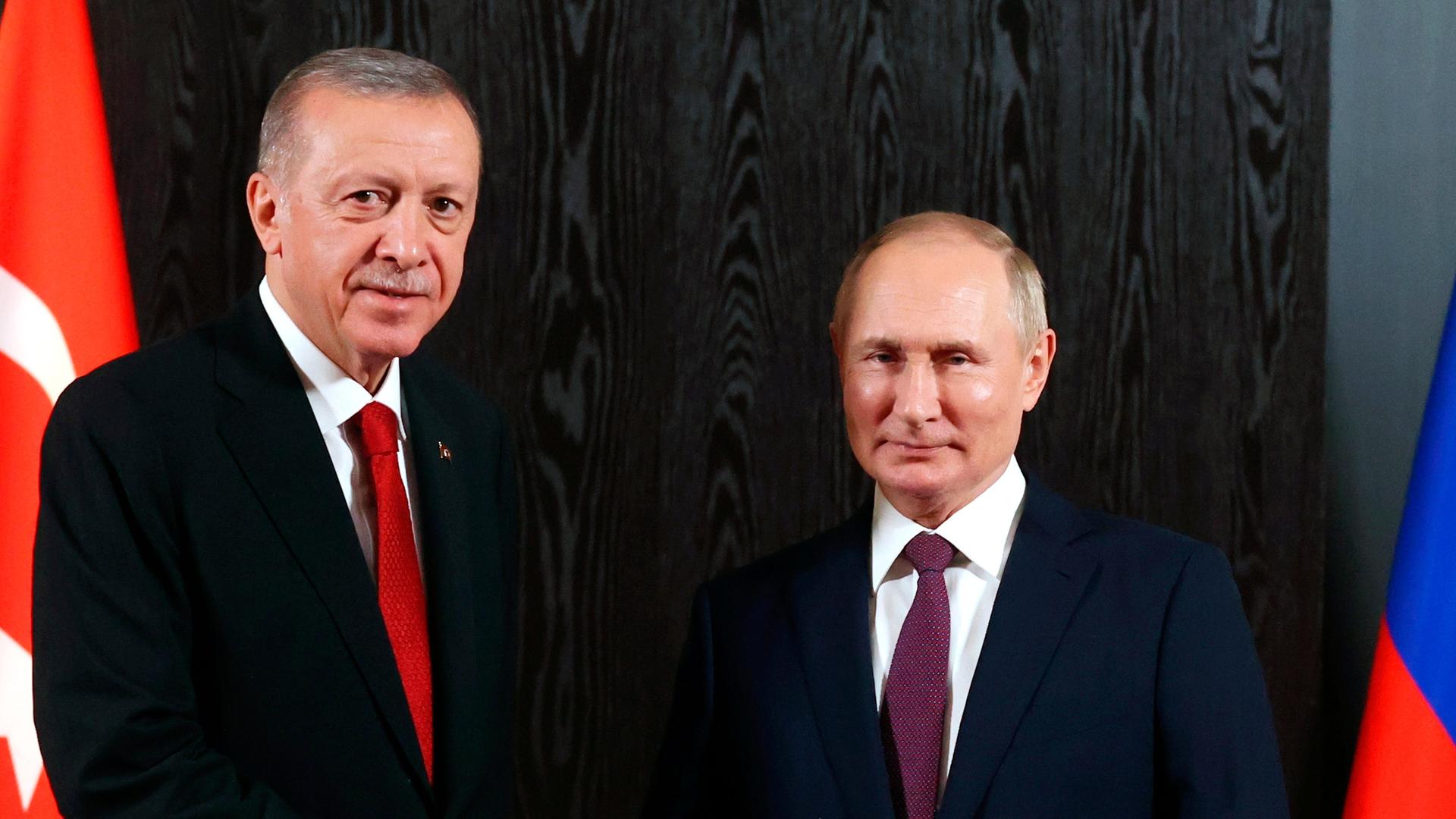 Der türkische Präsident Erdogan und Russlands Präsident Putin stehen nebeneinander und blicken lächelnd in die Kamera. Der türkische Präsident Erdogan und Russlands Präsident Putin stehen nebeneinander und blicken lächelnd in die Kamera.