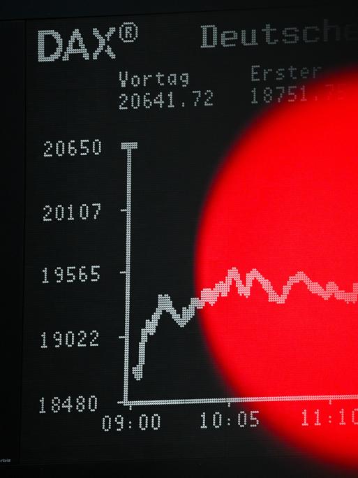Vor der Anzeigetafel mit der Dax-Kurve ist im Handelssaal der Frankfurter Wertpapierbörse das Rotlicht einer TV-Kamera zu sehen. 