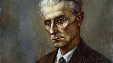 Maurice Ravel auf einem Gemälde von A. Speranski, das ihn mit nachdenklichem Blick zeigt. 