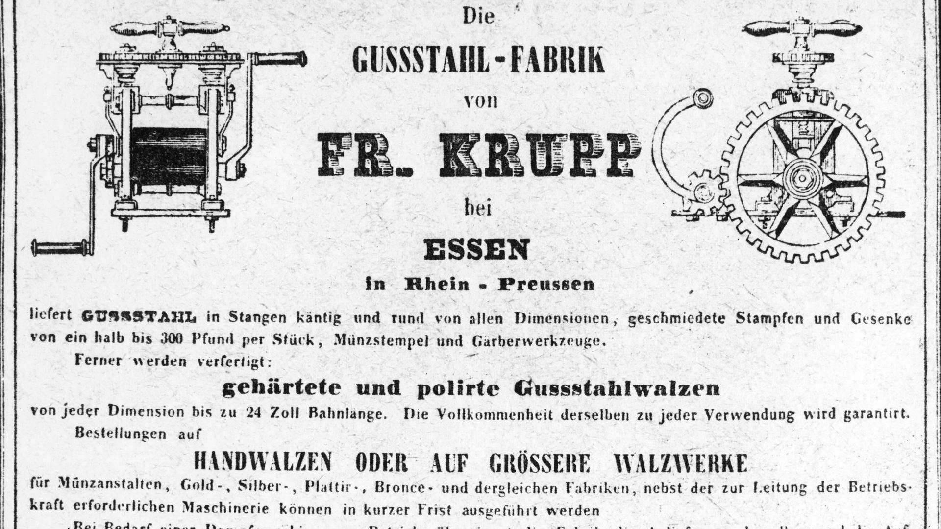 Eine Geschäftskarte der Friedrich-Krupp-AG in Essen aus dem Zeitraum 1830-1840. Geschrieben steht "Die Gussstahl-Fabrik von Fr. Krupp bei Essen in Rhein-Preussen. Darunter steht, was die Firma macht. 
