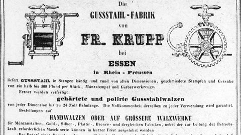 Eine Geschäftskarte der Friedrich-Krupp-AG in Essen aus dem Zeitraum 1830-1840. Geschrieben steht "Die Gussstahl-Fabrik von Fr. Krupp bei Essen in Rhein-Preussen. Darunter steht, was die Firma macht. 
