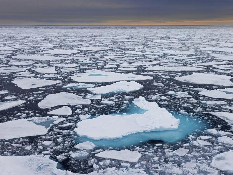 Schwimmende Eisschollen im Arktischen Ozean bei Sonnenuntergang.