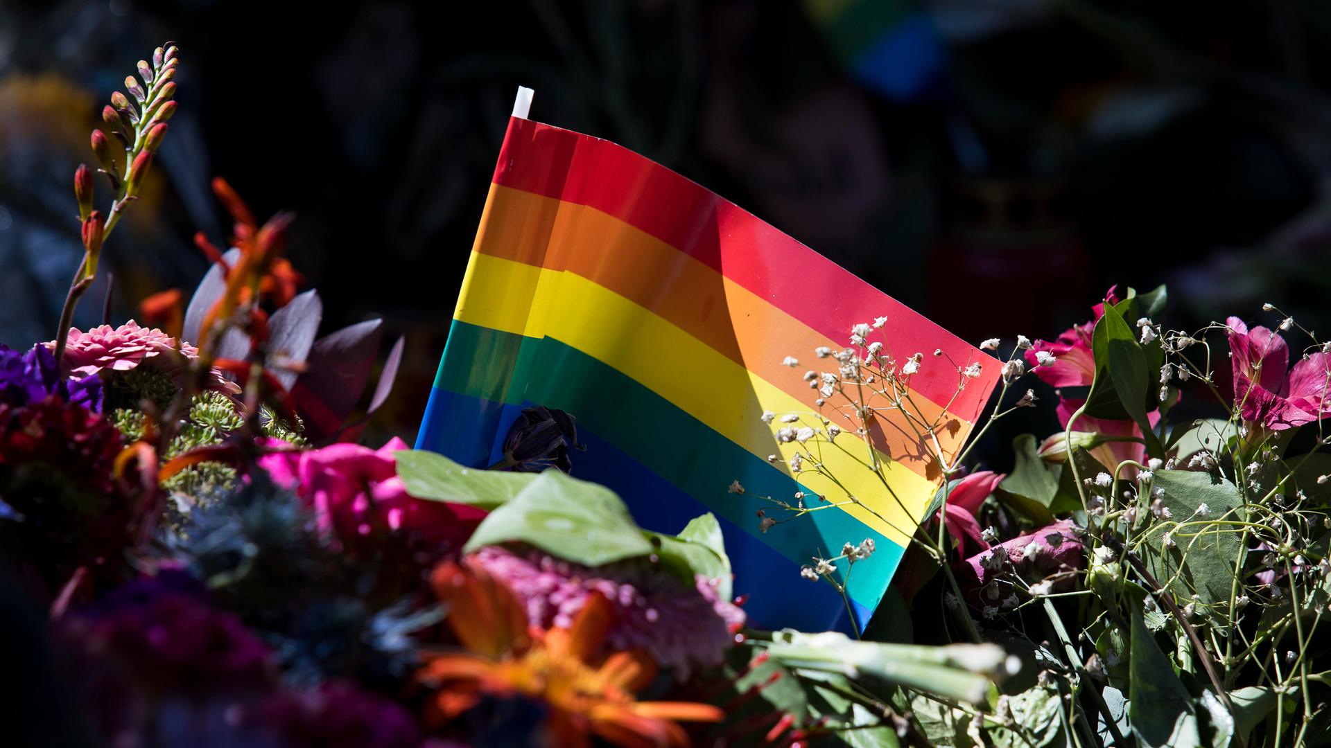 Regenbogenfahne inmitten von Blumen und Kerzen Regenbogenfahne inmitten von Blumen und Kerzen