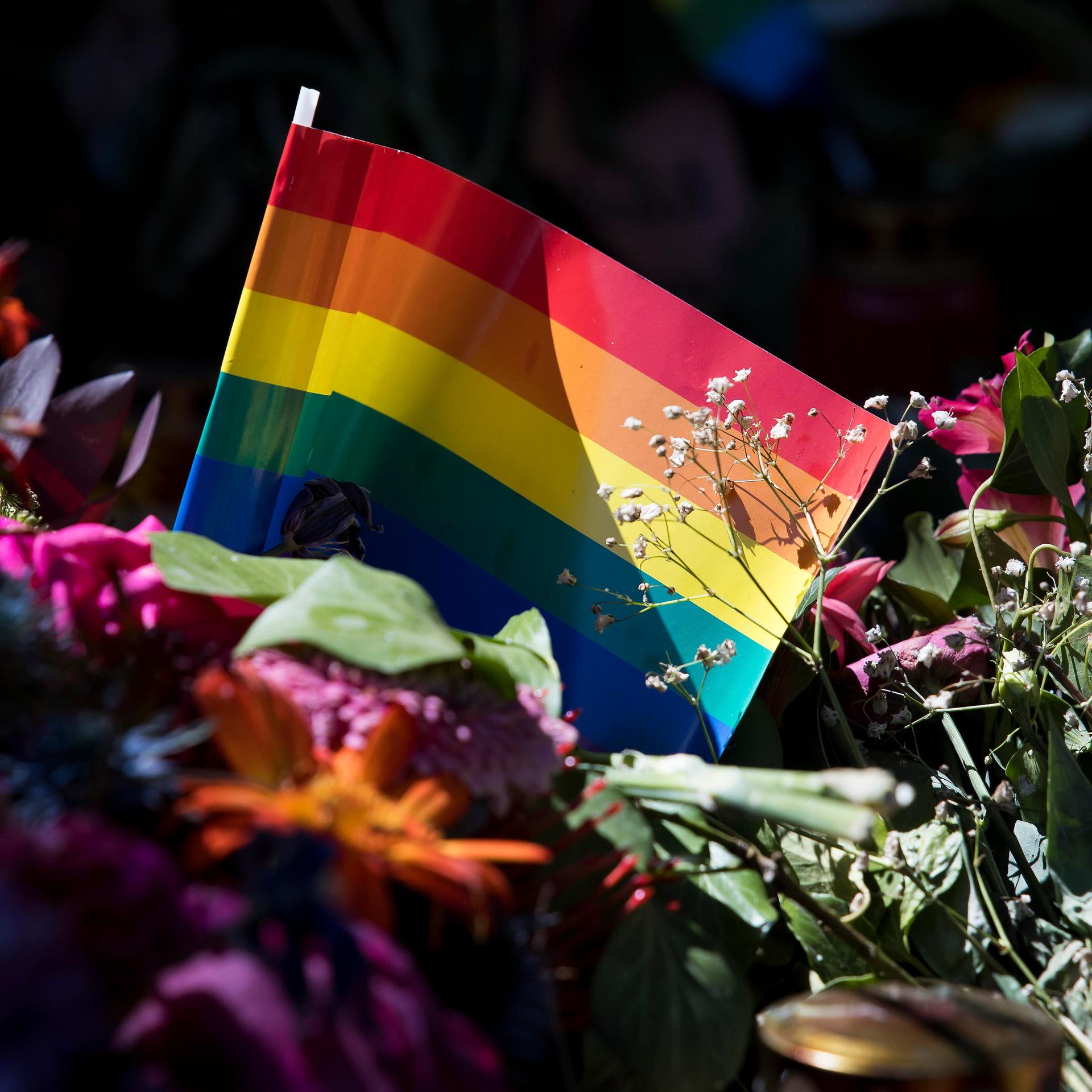 Regenbogenfahne inmitten von Blumen und Kerzen