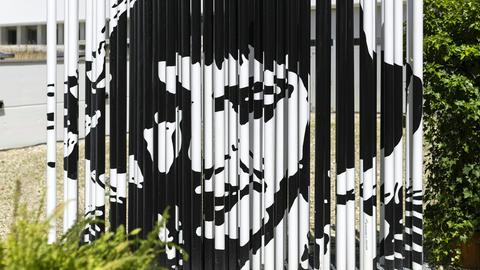 Kunstwerk aus Stelen mit dem Bild von Ingeborg Bachmann am Donnerstag