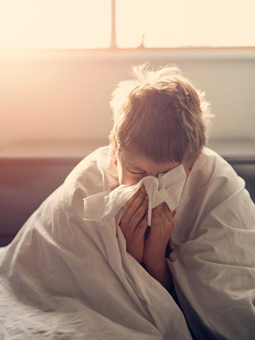 Ein kleiner Junge liegt krank im Bett mit einem Taschentuch vor seiner Nase.