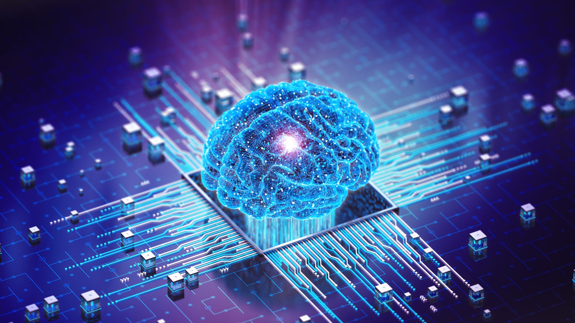 Eine computergenerierte 3D Grafik eines Gehirns, das an Schlatkreise in einem Computer angebunden ist. Die Grafik ist dunkel in Blau- und Lilatönen gehalten.