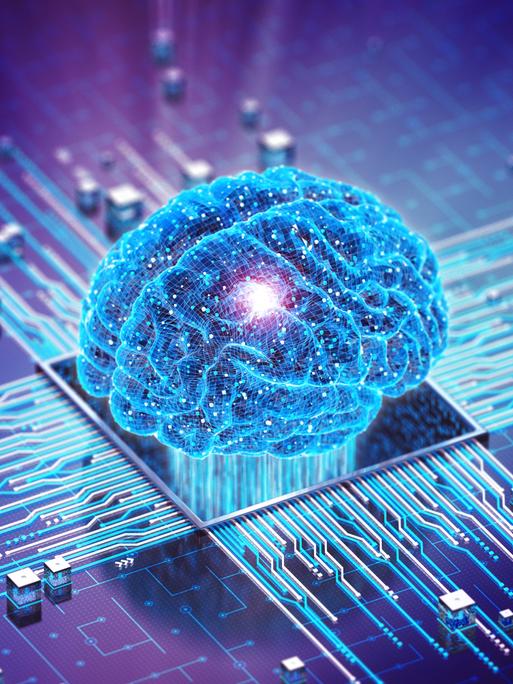 Eine computergenerierte 3D-Grafik eines Gehirns, das an Schaltkreise in einem Computer angebunden ist. Die Grafik ist dunkel in Blau- und Lilatönen gehalten.