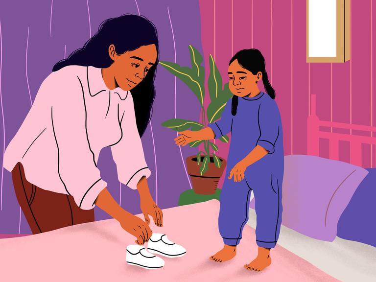 Gezeichnetes Symbolbild: Mutter hilft Tochter beim Schuhe-Anziehen