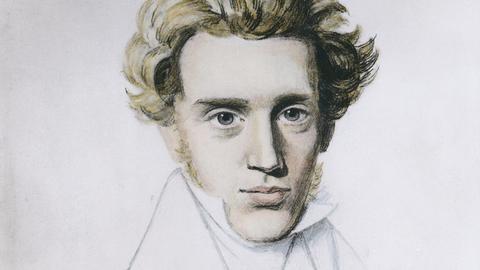 Kolorierte Porträtzeichnung des dänischen Philosophen und Theologen Søren Kierkegaard, um 1838.