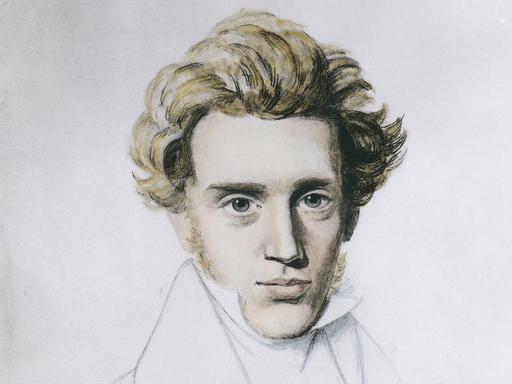 Kolorierte Porträtzeichnung des dänischen Philosophen und Theologen Søren Kierkegaard, um 1838.
