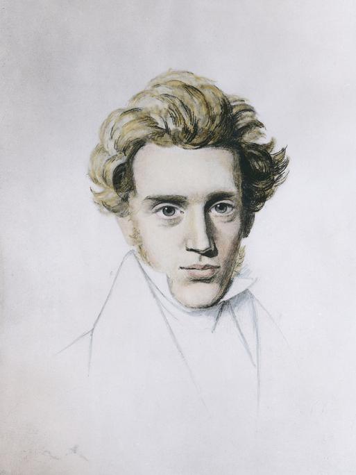 Kolorierte Porträtzeichnung des dänischen Philosophen und Theologen Søren Kierkegaard, um 1838.
