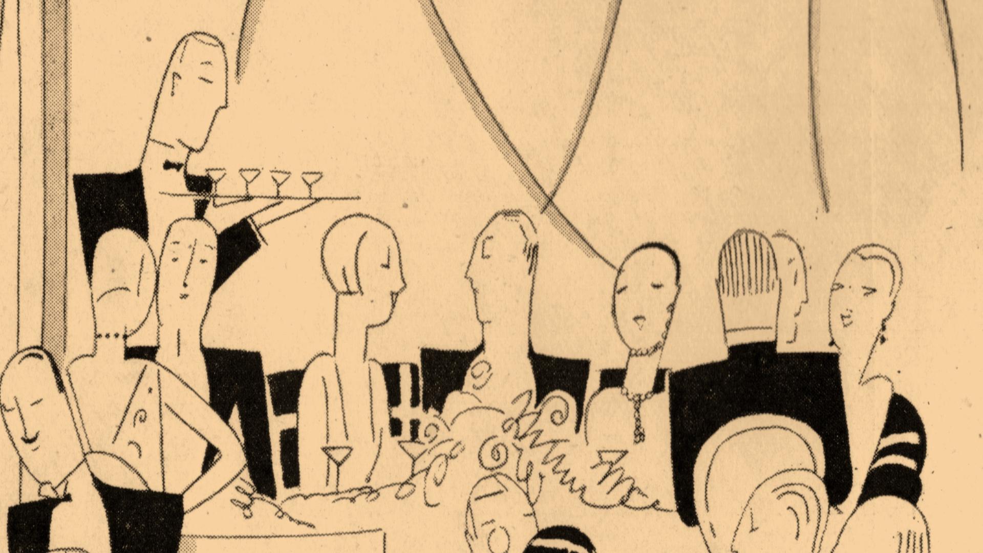 Illustration einer Hotelsituation in schwarz auf gelblichem Hintergrund. Illustration einer Hotelsituation in schwarz auf gelblichem Hintergrund.