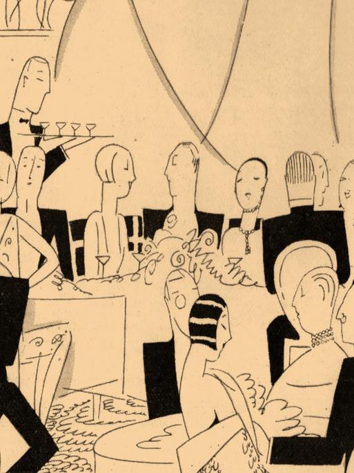 Illustration einer Hotelsituation in schwarz auf gelblichem Hintergrund. Illustration einer Hotelsituation in schwarz auf gelblichem Hintergrund.