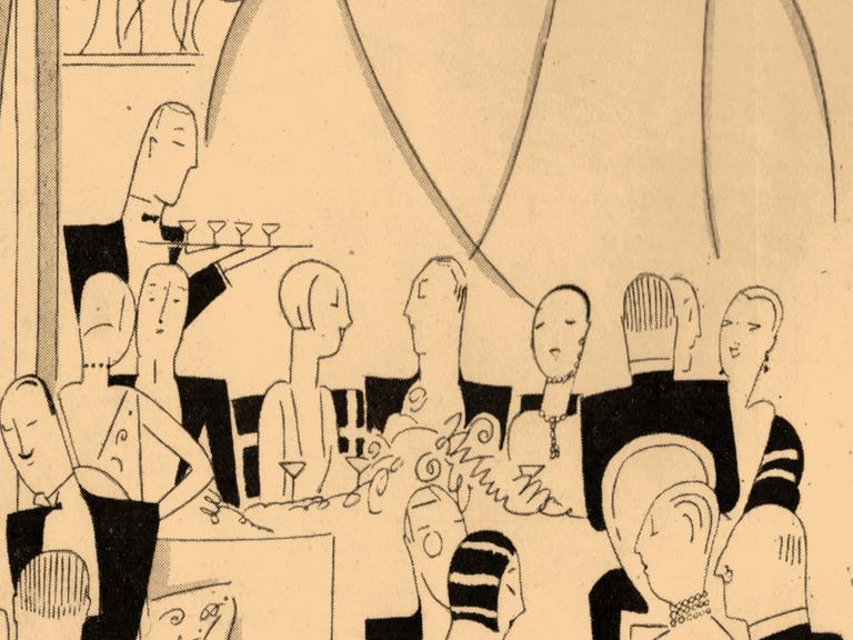 Illustration einer Hotelsituation in schwarz auf gelblichem Hintergrund. Illustration einer Hotelsituation in schwarz auf gelblichem Hintergrund.