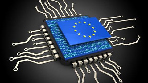 3D-Illustration eines Computerchips mit aufgedruckter EU-Flagge.