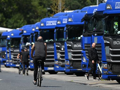Hessen, Gräfenhausen: Lastwagen einer polnischen Spedition stehen während eines Streiks osteuropäischer Lastwagenfahrer aufgereiht auf der südhessischen Raststätte Gräfenhausen-West an der Autobahn 5.