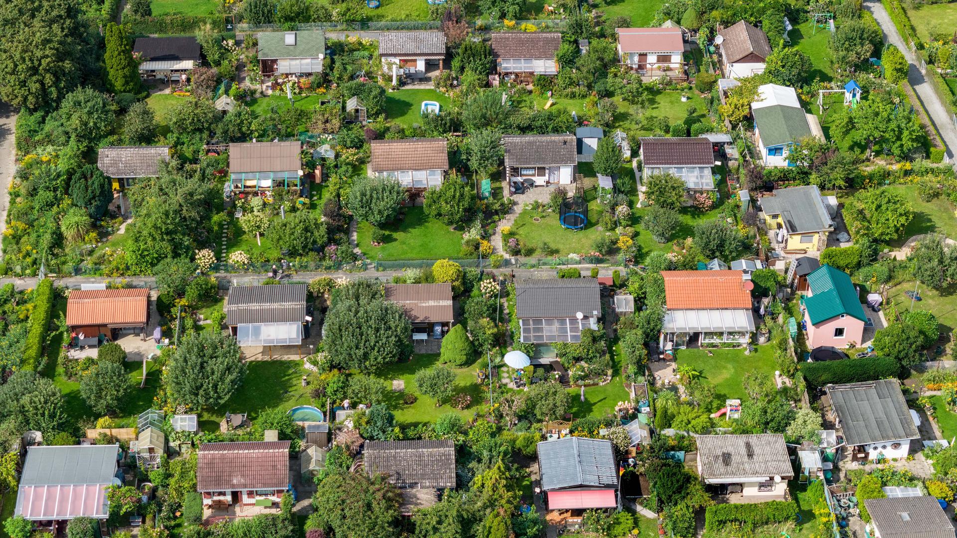 Luftbild einer Berliner Kleingartensiedlung.