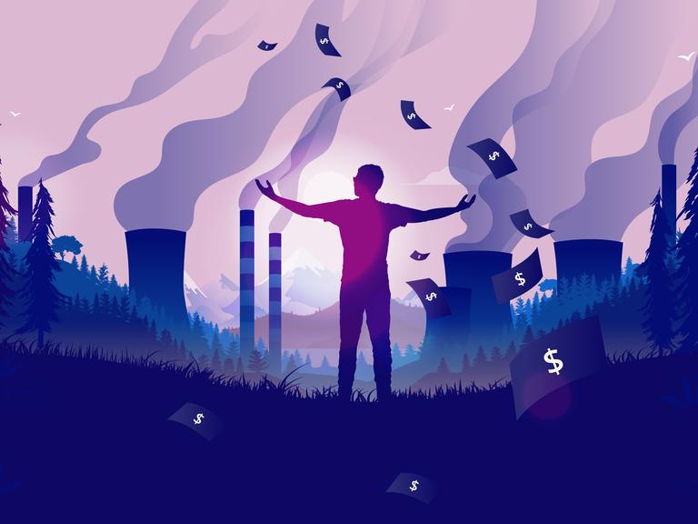 Illustration: Industrieanlagen in der Natur. Ein junger Mensch steht mit erhobenen Armen davor, Geld regnet vom Himmel.