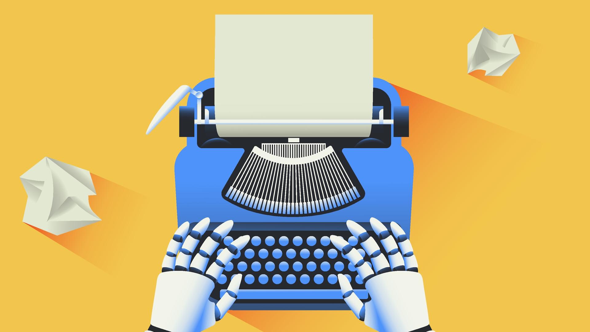 Illustration: Roboter, der einen Text auf einer blauem Schreibmaschine tippt vor gelbem Hintergrund. Von künstlicher Intelligenz generierter Text und ein Konzept zur Zukunft des Journalismus. 