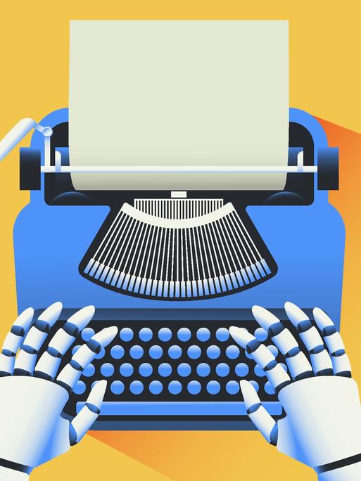 Illustration: Roboter, der einen Text auf einer blauem Schreibmaschine tippt vor gelbem Hintergrund. Von künstlicher Intelligenz generierter Text und ein Konzept zur Zukunft des Journalismus. 