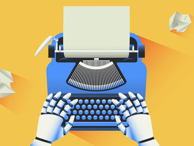 Illustration: Roboter, der einen Text auf einer blauem Schreibmaschine tippt vor gelbem Hintergrund. Von künstlicher Intelligenz generierter Text und ein Konzept zur Zukunft des Journalismus. 