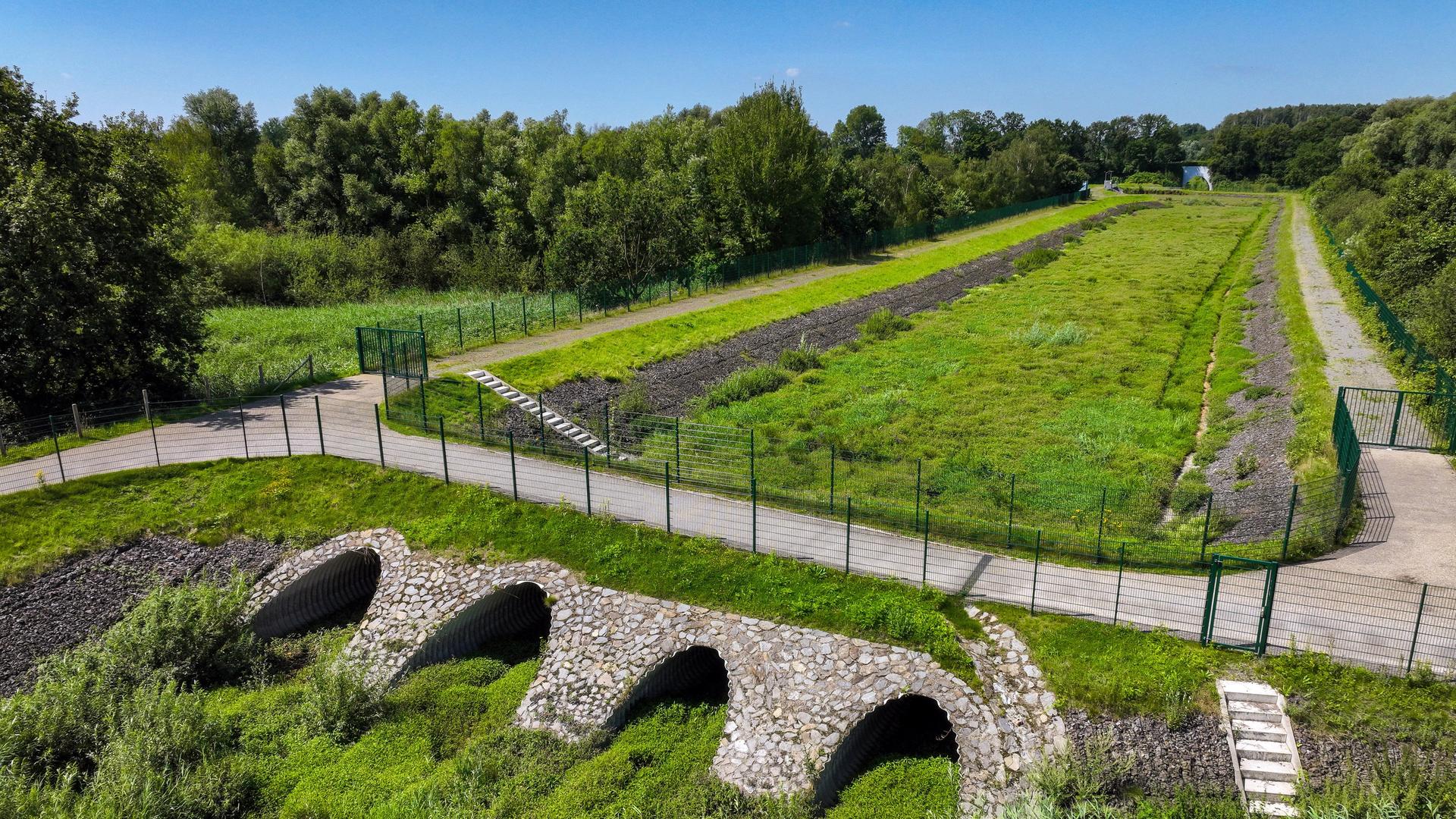 Regenüberlaufbecken an der renaturierten Boye, der Nebenfluss der Emscher, wurde zum naturnahem Gewässer umgestaltet. 