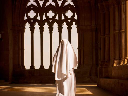 Eine weiß gekleidete Nonne geht auf ein Kirchenfenster zu.