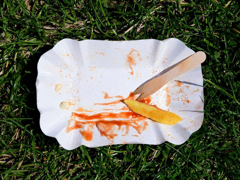 Im Bild eine leergegessene Pommes-Einweg-Pappschale mit Pieker an einem Badetag im Annabad. Symbolfoto, Themenfoto Hanover, 06.09.2024 