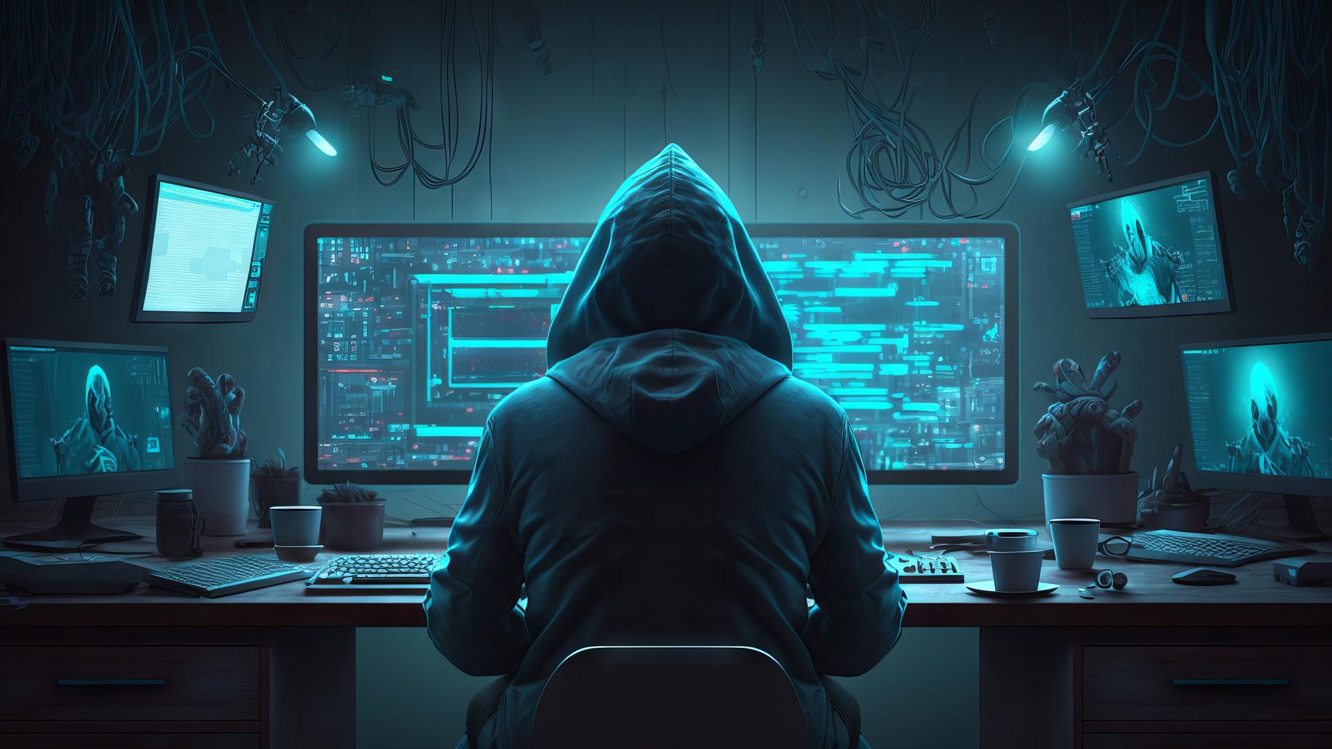 Das Foto zeigt eine Person bekleidet mit einem Kapuzenpullober von hinten vor mehreren Computerbildschirmen.