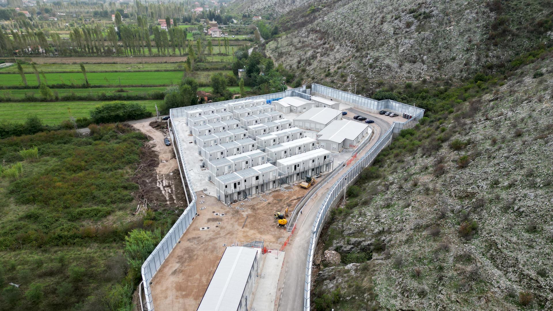 This aerial photo shows the site of a recently build Italian-run migrant centre at the port of Shengjin, some 60 kms northwest of Tirana, on October 11, 2024.