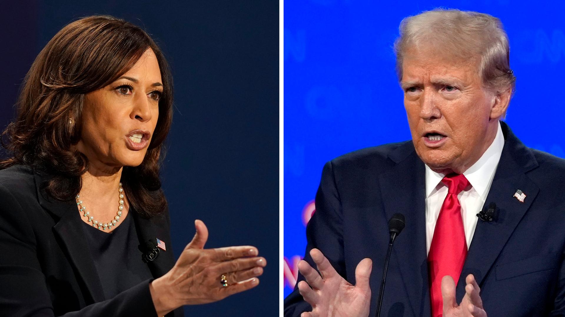 Diese Bildkombo aus Archivfotos zeigt die demokratische US-Vizepräsidentschaftskandidatin Kamala Harris und den republikanischen Präsidentschaftskandidaten und ehemaligen US-Präsidenten Donald Trump während einer Debatte.