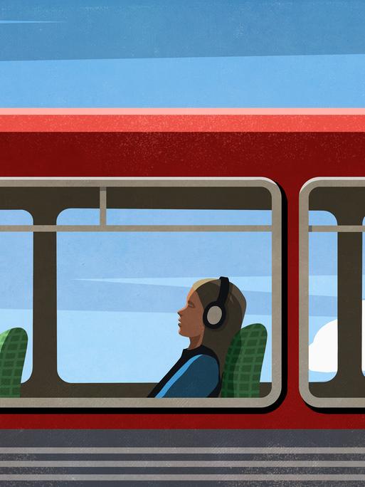 Illustration: Eine Person sitzt Kopfhörer tragend in einem Zug bei blauem Himmel.