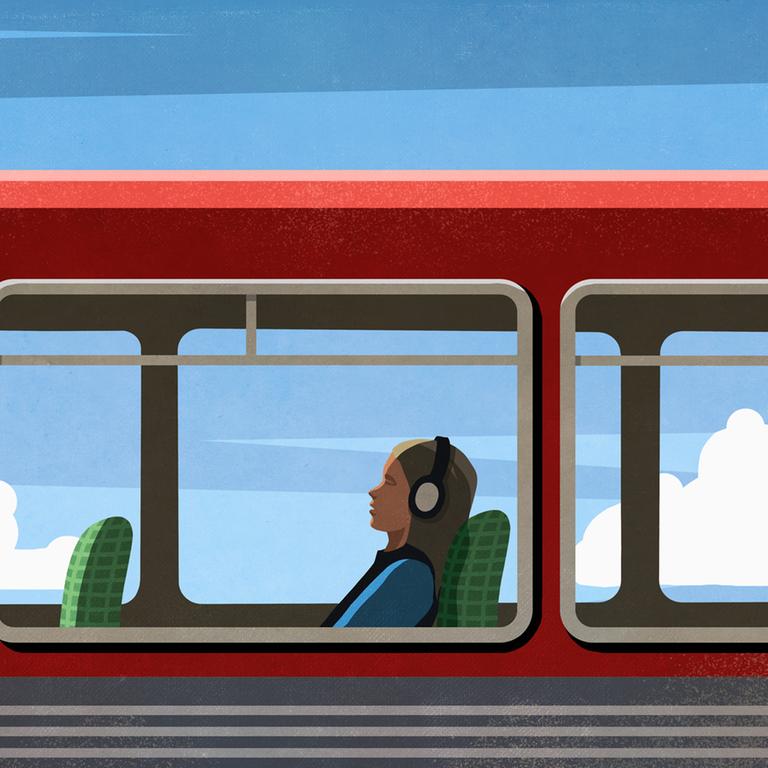 Illustration: Eine Person sitzt Kopfhörer tragend in einem Zug bei blauem Himmel.