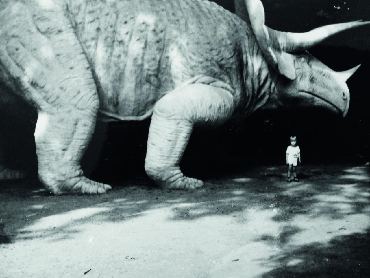 Ein kleines Mädchen steht neben der riesigen Plastik eines Triceratops.
