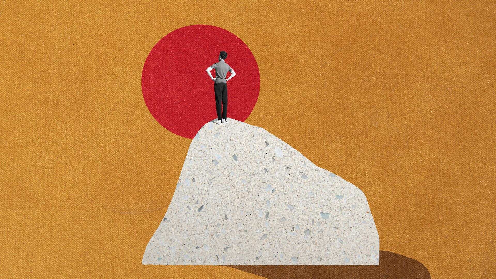 Eine Illustration zeigt einen Mann, der auf einem Hügel steht und in einen sonnenartigen, roten Kreis schaut.