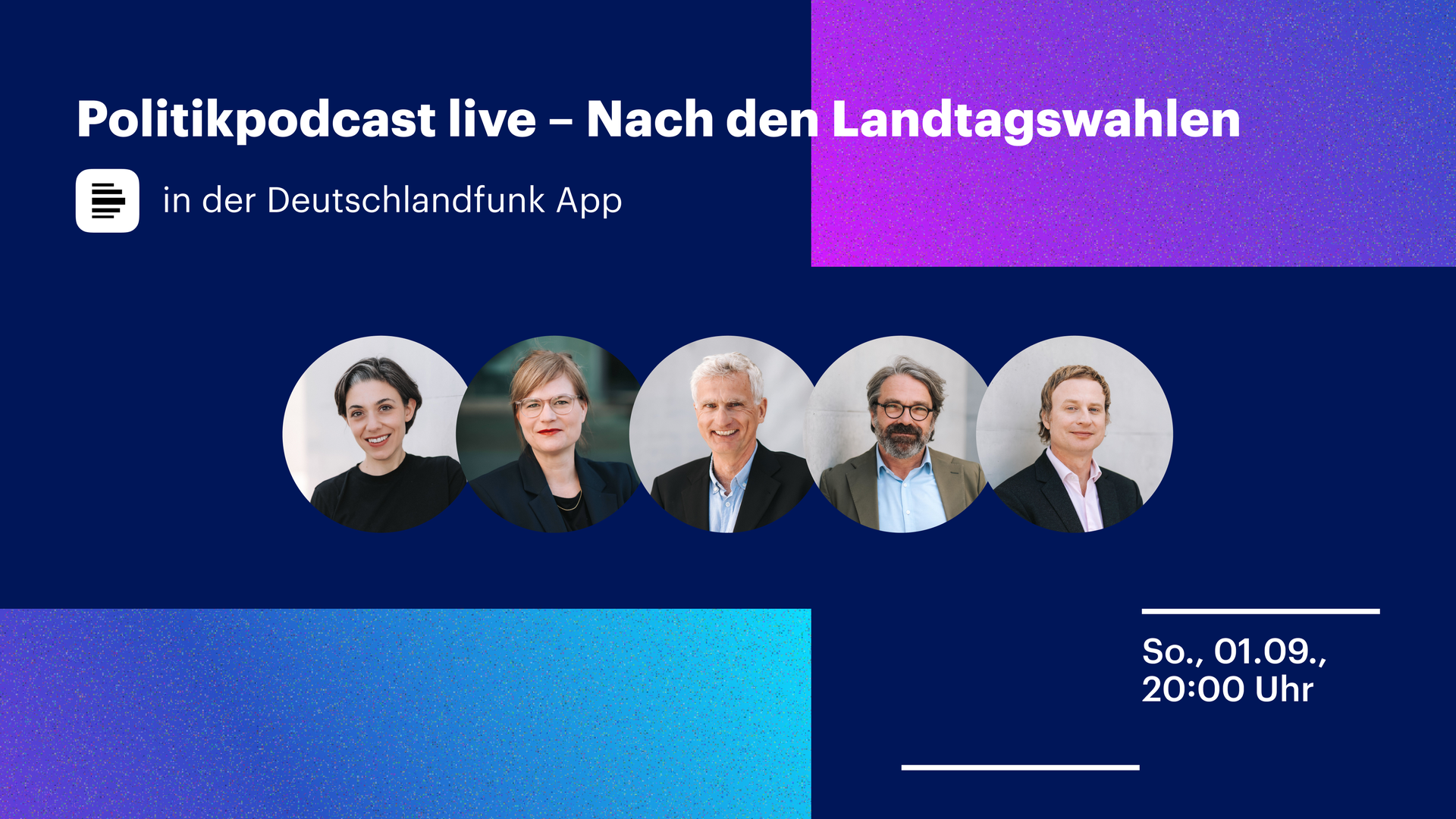 Grafik zum Politikpodcast live am Wahlabend mit Porträtfotos der Korrespondentinnen und Korrespondenten aus dem Dlf-Hauptstadtstudio. Zu sehen sind v.l.n.r. Katharina Hamberger, Nadine Lindner, Frank Capellan, Stephen Detjen und Johannes Kuhn.