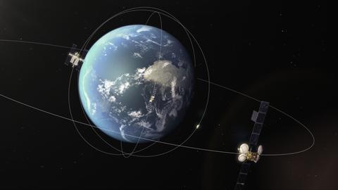 Illustration der Erde, um die drei Satelliten kreisen.
