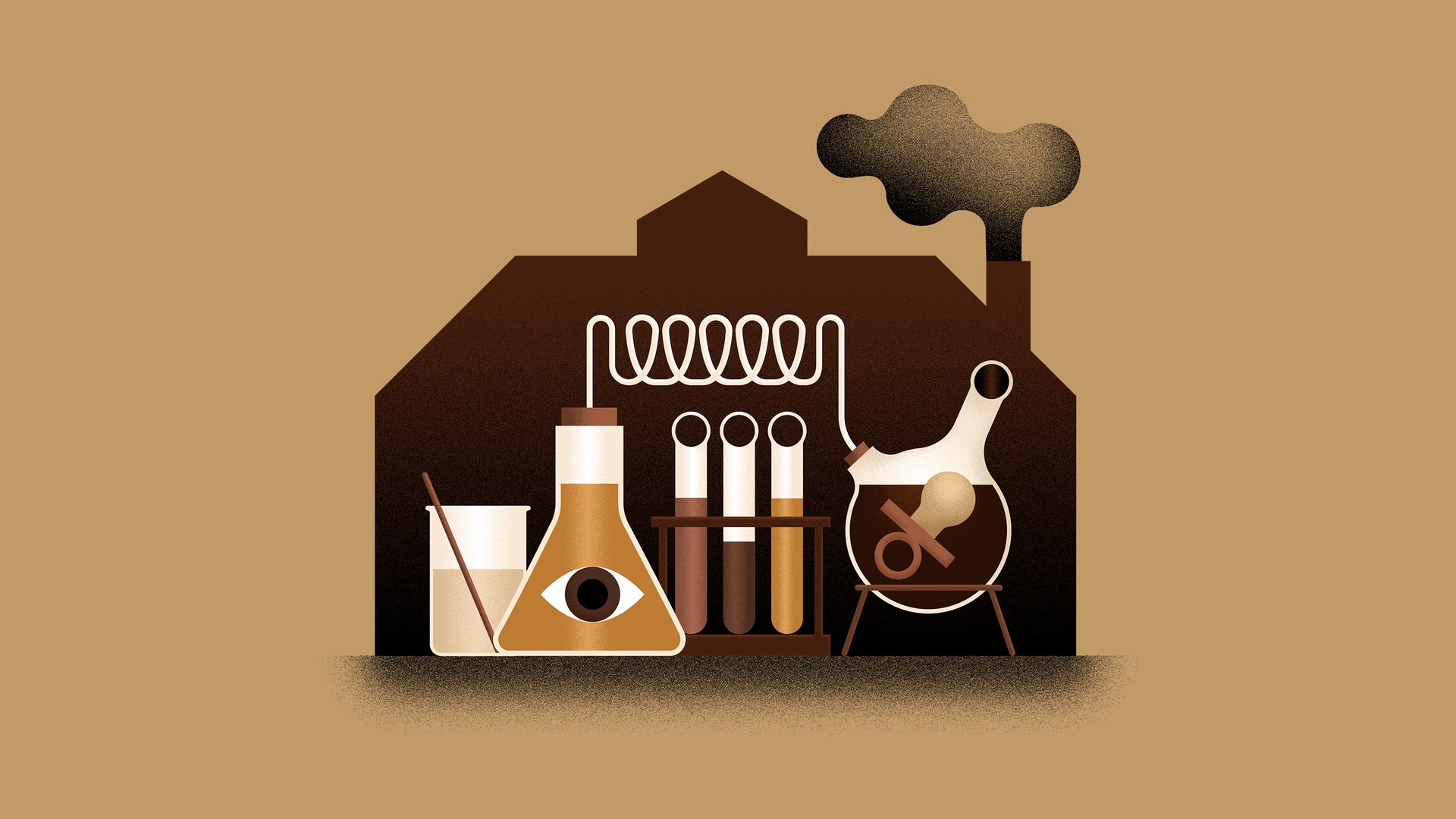 Abstrakte Zeichnung eines Fabrikumrisses, in dem übergroße Laborutensilien zu sehen sind, in einem Erlenmeyerkolben ist ein schemenhaftes Auge zu sehen, dass den Betrachtenden anschaut