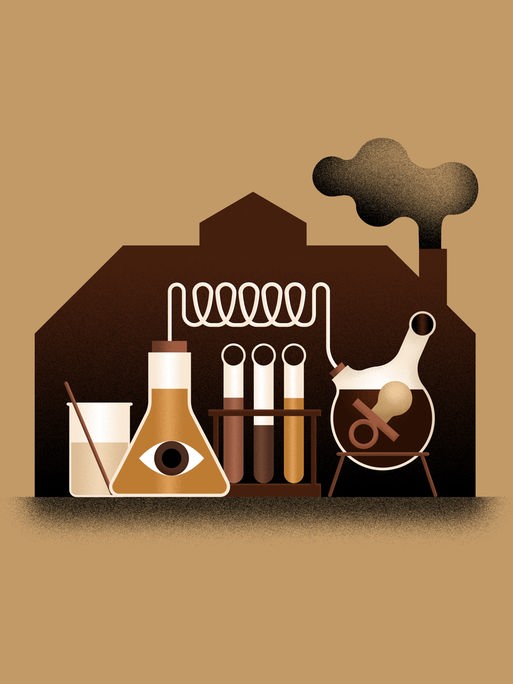 Abstrakte Zeichnung eines Fabrikumrisses, in dem übergroße Laborutensilien zu sehen sind, in einem Erlenmeyerkolben ist ein schemenhaftes Auge zu sehen, dass den Betrachtenden anschaut