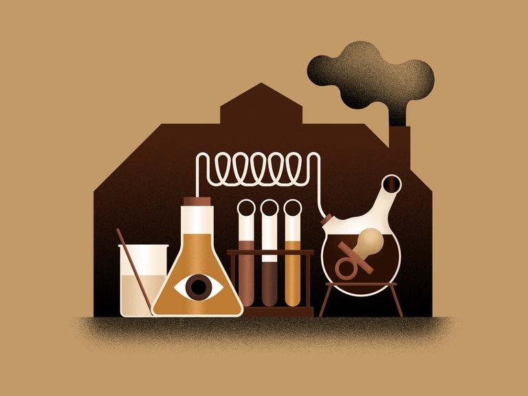 Abstrakte Zeichnung eines Fabrikumrisses, in dem übergroße Laborutensilien zu sehen sind, in einem Erlenmeyerkolben ist ein schemenhaftes Auge zu sehen, dass den Betrachtenden anschaut